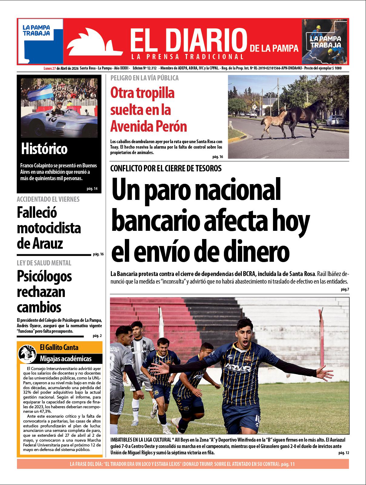 Tapa de El Diario en papel  lunes 27 de abril de 2026